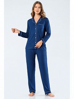 Комфортная пижама из высококачественной вискозы (Рубашка на пуговицах с английским воротником и брюки с карманами) LT3359 Turen темно-синий