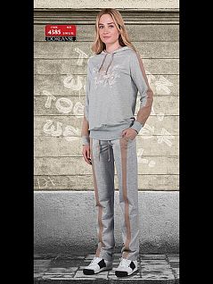 Женский комплект для дома из кофты с капюшоном и принтом и брюк на завязках серого цвета Doreanse 4385c03