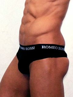 Эластичные мужские трусы стринги чёрного цвета с стильным поясом Romeo Rossi Thongs R1006-2