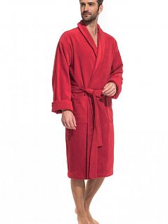 Махровый халат в классическом стиле с внешней велюровой стороной и воротником шалька PÊCHE MONNAIE№941 красный
