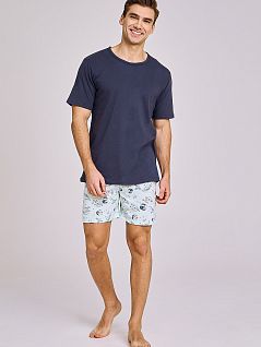 Хлопковая пижама из однотонной футболки и шорт с принтом Taro VOTaro_24S Aaron 3193-01 Синий