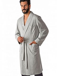 Трикотажный халат с воротником шалька с отделкой полосатым кантом серого цвета PJ-B&B_Cervino