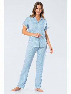 Мягкая пижама из рубашки с коротким рукавом и брюк прямого кроя на мягком эластичном поясе LT3343 Turen синий с белым