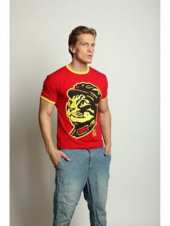 Яркая футболка с принтом "Кот-Солдат" красного цвета с желтой отделкой цвета Fra'n'co RT040664m-EP