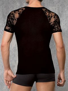 Стильная и оригинальная черная мужская футболка с рукавами и боковыми вставками из эластичного кружева Doreanse Black Lace 2552c01