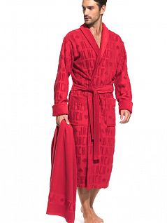 Стильный халат с жаккардовым рисунком с отделкой по воротнику и манжетам + полотенце PECHE MONNAIE EV22963красный