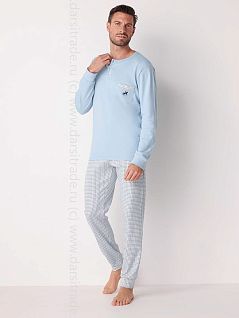 Пижама из трикотажа интерлок (лонгслив с кармашком и брюки на манжетах) Cotonella DT643дуПижмо Azzurro