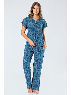 Оригинальная пижама из рубашки с коротким рукавом-крылышко и брюк прямого кроя с карманами LT3339 Turen синий