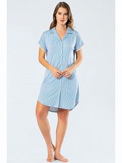 Домашнее платье с коротким рукавом в рубашечном стиле LT3345 Turen синий с белым