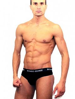 Эластичные мужские трусы стринги чёрного цвета с стильным поясом Romeo Rossi Thongs R1006-2