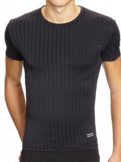 Элегантная черная мужская футболка в тонкую вертикальную полоску HOM Elegant Cotton 03285cK9