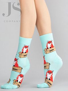 Комфортные носки декорирована ярким рисунком "лисички" JSHOBBY 80153-13-03-04 унисекс, "Лиса в коробке" (5 пар) бирюзовый hbl