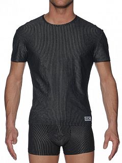 Элегантная черная мужская футболка в тонкую вертикальную полоску HOM Elegant Cotton 03285cK9