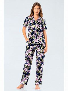Пижама с растительным принтом (Рубашка на пуговицах с английским воротником и брюки) LT3335 Turen темно-синий
