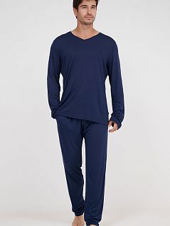 Домашний лонгслив из однотонного трикотажа синего цвета HOM 402673c00ra
