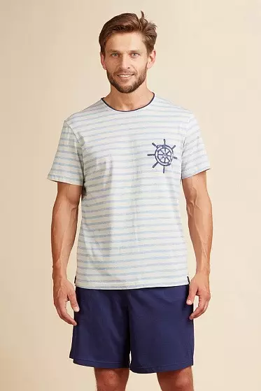 Хлопковая пижама (футболка с морским принтом и шорты свободного кроя KEY BT-370 A22 Бежевый + синий