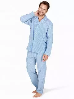 Элегантная тонкая тканевая пижама в классическом стиле из рубашки и брюк с гульфиком в бело-голубую полоску HOM 40c1686cPW01