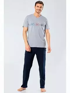 Мужская пижама из футболки с принтом "велосипеды" и брюк свободного кроя LT4131 Turen серый с синим