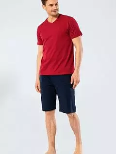 Хлопковая футболка с коротким рукавом и V- бразным вырезом горловины и шорты прямого кроя LT4138 Turen бордовый с синим