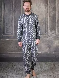Пижама в виде комбинезона для сна для мужчин с хорошим чувством юмора с пингвинами на пуговицах на темно-сером фоне Happy people PJ-HP_4337
