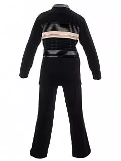 Велюровая пижама из куртки чёрного цвета с горизонтальными серо-кремовыми полосками на молнии и однотонных велюровых брюк HOM 04634cZ9