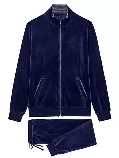 Роскошная мужская велюровая пижама (верх с двумя вшивными карманами по бокам и застёжкой-молнией на всю длину и брюки на манжетах) тёмно-синего цвета HOM 40c2268c00RA распродажа