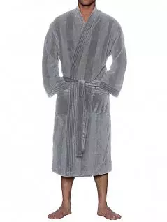 Махровый халат в стиле японского кимоно с чередующимися широкими вертикальными матовыми и блестящими шелковистыми полосами серого цвета HOM 04096cZ9