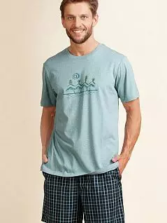 Оригинальная пижама ( футболка с принтом и клетчатые шорты) KEY BT-404 A22 св. Зеленый + графит