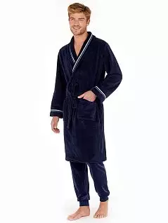 Хлопковый халат с лёгкими штрихами в виде двух декоративных полосок белого и бирюзового цвета на отложном воротнике и по краю рукавов темно-синего цвета HOM 40c2443c00RA