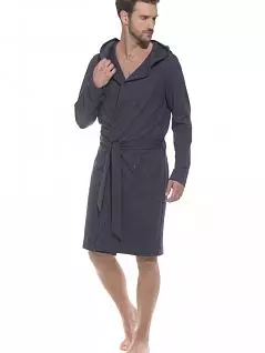 Однотонный мужской халат с капюшоном темно-синего цвета PECHE MONNAIE №410 Темно-синий