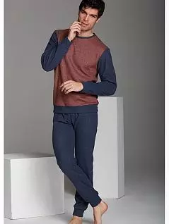 Мягкий комплект из кофты пестрой спереди и однотонной сзади и брюк с накладным карманом сине-коричневого цвета Vilfram PJ-VU_9813