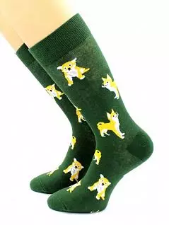 Мужские носки из хлопка и полиамида с принтом "Акита-ину" зеленого цвета Hobby Line RTнус80135-3-05