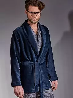 Красивый итальянский домашний халат-жакет из бархатистой ткани синего цвета Verdiani PJ-VI_5835