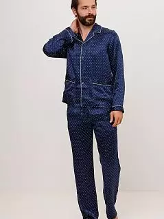 Мужская шелковая пижама из рубашки и брюк с узором синего цвета Oryades 01M0622c01blue