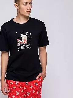 Праздничная пижама (Футболка с рождественским принтом в виде оленя и надписи и брюки с принтом маленьких оленей) Sensis BT-C/S/R/S/R Черный + красный
