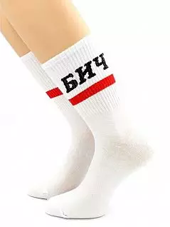 Мужские носки с надписью "БИЧ" и красно полосой на манжете белого цвета Hobby Line RTнус80159-21
