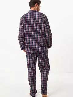 Комфортная мужская пижама из хлопкового поплина GOTZBURG (рубашка на пуговицах и брюки) FG451976/S-3XL Синий/Красный