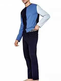 Современная пижама (Футболка с длинными рукавами и брюки на резинке с двусторонним вышитым белым логотипом) серо-голубого цвета Eden Park FM-E503G54-K78