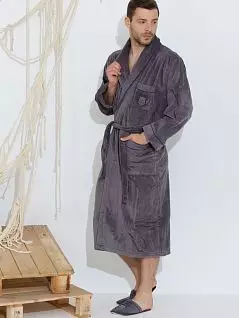Комфортный халат с декоративным кантом на воротнике манжетах и тапочки с кантом и вышивкой аналогичной вышивке на кармане PECHE MONNAIE EV2841синий