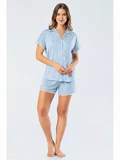 Пижама из рубашки на пуговицах с английским воротником и шорт на мягкой резинке LT3344 Turen синий с белым