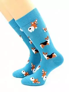 Яркие носки из хлопка и полиамида с принтом "Корги" голубого цвета Hobby Line RTнус80135-3-06