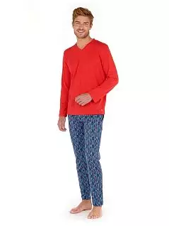 Пижама (яркая футболка и трикотажные брюки с элегантным геометрическим принтом в сине-красно-голубых тонах) сине-красного цвета HOM 40c2418cI0BI