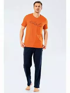 Комфортная пижама (футболка с V-образным вырезом горловины и брюки прямого кроя) LT4135 Turen оранжевый с синим