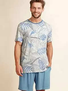 Бамбуковая пижама (футболка с принтом по всей поверхности и шорты свободного кроя) KEY BT-722 A22 Серый + голубой