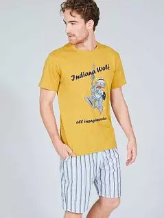 Универсальный комплект на лето из футболки горчичного цвета и удлиненных шорт Happy people PJ-HP_4510