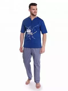 Хлопковая пижама из кофты с коротким рукавом и брюк LTPJ1016-1 Sis синий
