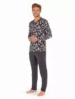 Тонкая пижама (футболка с цветочным принтом на антрацитовом фоне и однотонные брюки) черного цвета HOM 40c2423cP004