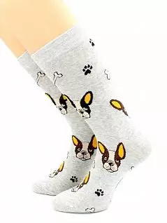 Тонкие носки с принтом "Бульдог с костью" серого цвета Hobby Line 45928