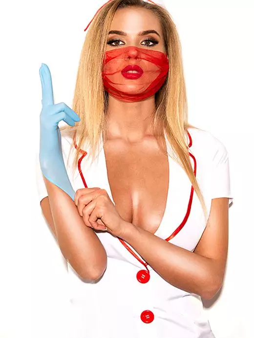 Ролевой костюм соблазнительной медсестры ( белый халат с красными пуговицами прозрачно-красными перчатками, интригующей повязкой на лицо и головным убором) Devil & Angel VODA_7028 doctor Белый