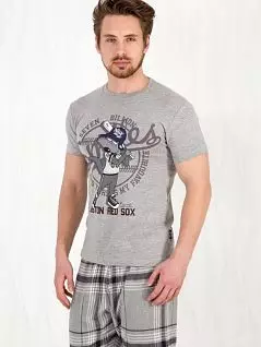 Молодежный домашний комплект из футболки и брюк из тканого полотна в клетку серого цвета Happy people PJ-HP_3113